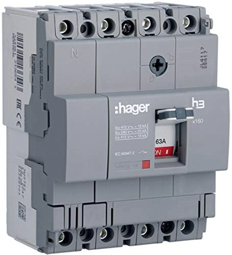 Hager Systems HDA064L Automatic Moulded Box Switch X160, 4P4D, 18Ka, 63A, Tm Fixed