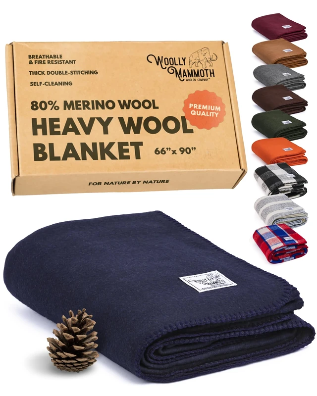 Woolly Mammoth Woolen Company Picnic Blanket - 66 x 90 in, Navy Blue Wool - Extra Thick Merino Wool Camping Quilt & Waterproof Picnic Throw - Thermal Extra Warm Giant Outdoor Camping Blanket