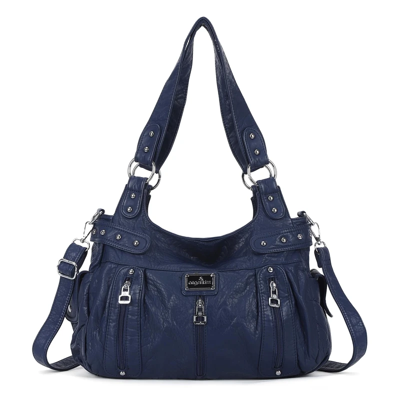 Angel Kiss Large Purses and Handbags for Women Washed Faux Leather Crossbody Hobo Satchel Shoulder Handbag Tote Purse, Blue, L