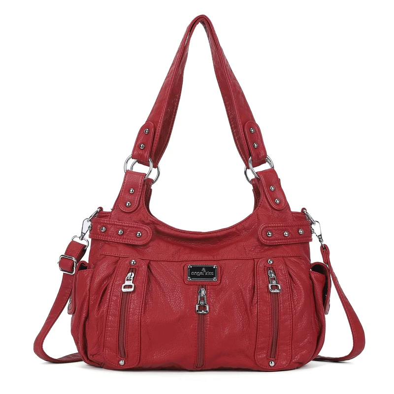Angel Kiss Large Purses and Handbags for Women Washed Faux Leather Crossbody Hobo Satchel Shoulder Handbag Tote Purse, Red, L