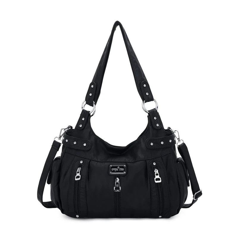 Angel Kiss Large Purses and Handbags for Women Washed Faux Leather Crossbody Hobo Satchel Shoulder Handbag Tote Purse, Black, L