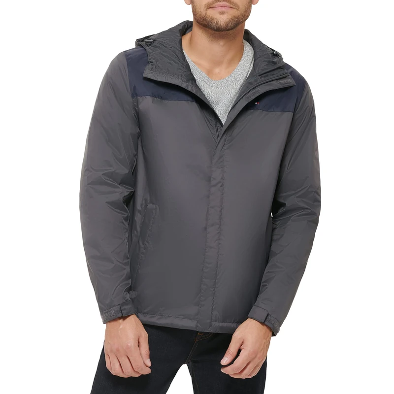 Tommy Hilfiger Men's Waterproof Breathable Hooded Jacket Raincoat, Navy/Charcoal, XX-Large