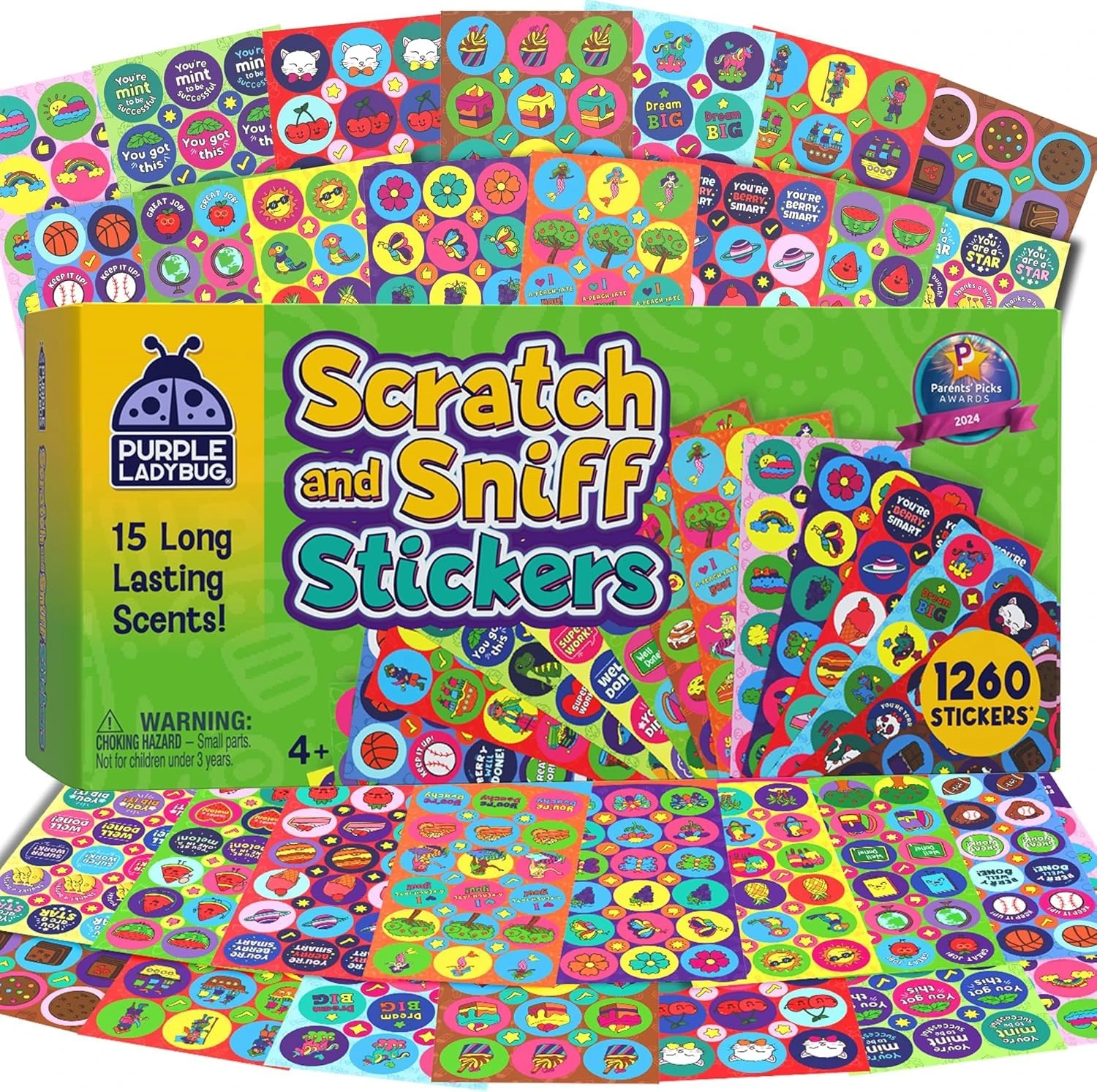 PURPLE LADYBUG 1260 Scratch and Sniff Smelly Stickers - 810 Large & 450 Small Scented Stickers in 15 Scents for Kids & Teachers - Perfect Christmas Gifts, Stocking Fillers, Rewards