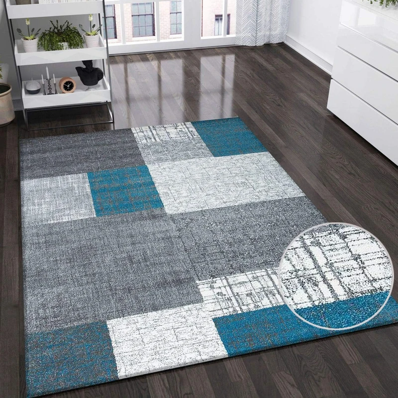VIMODA designer modern living room rug in turquoise, grey and white with tile look, short pile, dimensions: 120 x 170 cm - Image 1