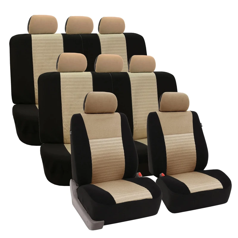 FH GROUP Car Seat Covers Trendy Elegance Three Row Car Seat Covers Set, Airbag Compatible and Split Ready, 8 Headrest Covers-Universal Fit for Cars, Trucks & SUVs (Beige/Black)