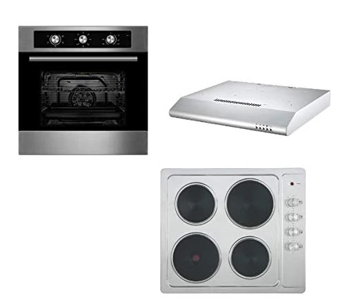 Cookology - Oven, Hob & Hood Package - 60cm Built-in Electric Fan Oven with Minute Minder, 4 Solid Hot Plate Hob in Stainless Steel & Visor Cooker Hood Pack in Stainless Steel - Easy to Clean