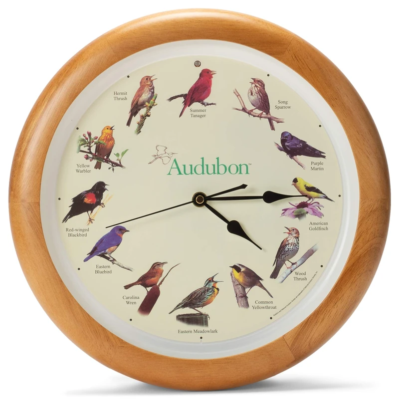 Mark Feldstein Audubon Singing Bird Wall Clock, Oak Wood Frame 13 Inch