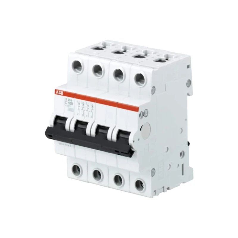 ABB S204-C100 Miniature Circuit Breaker, 4 Pole, Type C, 6/10kA Breaking Capacity, 100 Amp Current (2CDS254001R0824)