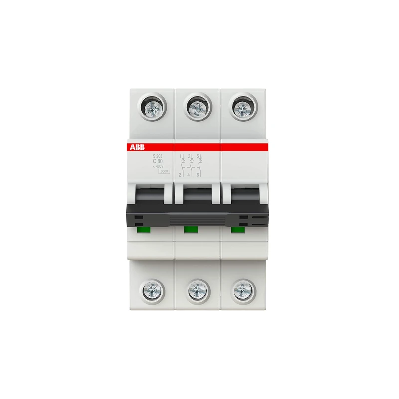 ABB S203-C80 Miniature Circuit Breaker, 3 Pole, Type C, 6kA Breaking Capacity, 80 Amp Current (2CDS253001R0804)