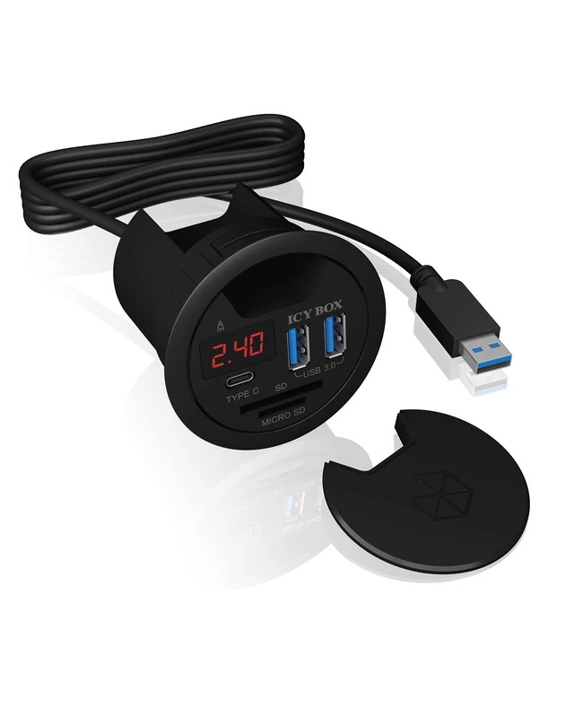 ICY BOX In Desk USB Hub 60 mm, USB 3.0, USB-C, Card Reader, Power Adaptor and Amperage Display, Black