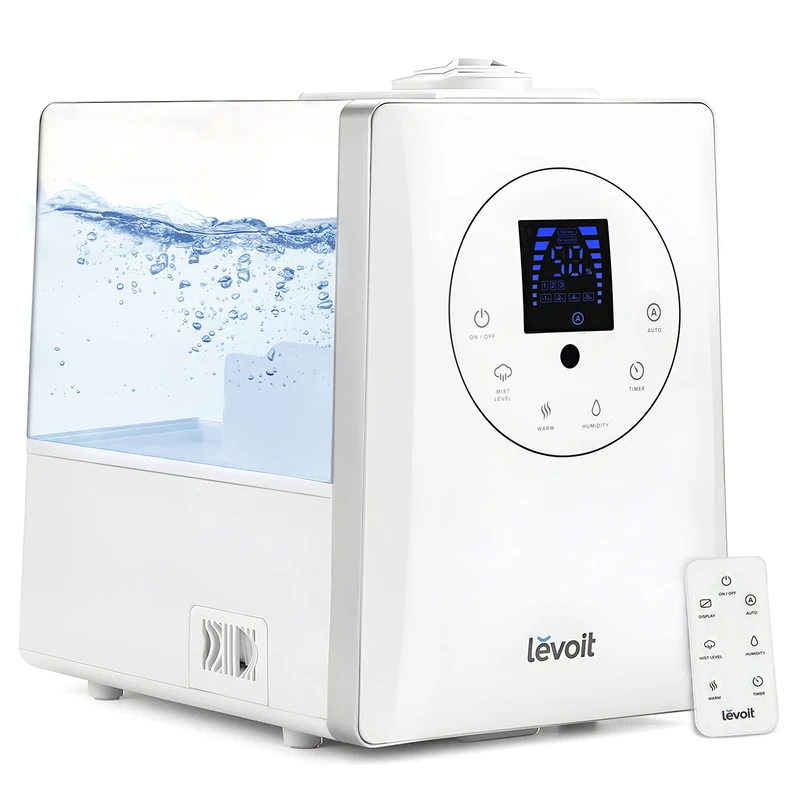 LEVOIT Cool & Warm Humidifiers Essential Oil Diffuser for Large Home 6L, Auto Mode, Dual Nozzles with Remote Control, Timer, Customized Relative Humidity for 70㎡ Office Room Plants, Up to 60H White