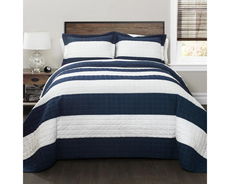 Lush Decor Quilt Striped Pattern 2 Piece Bedding Set, Polyester Cotton Blend, Navy & White, Twin