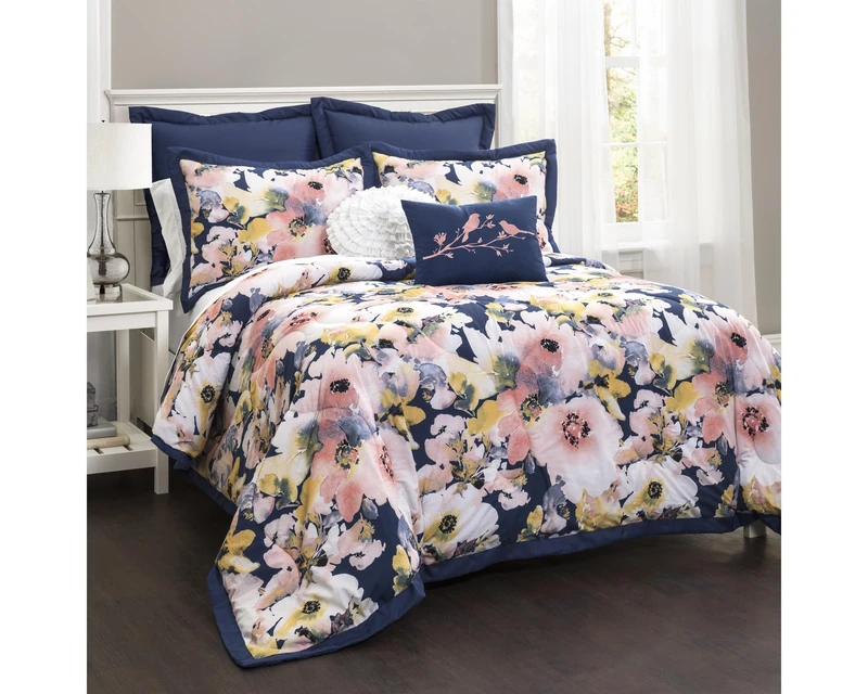 Lush Decor 7 Piece Comforter Set, Polyester, Blue and Pink, Full Queen