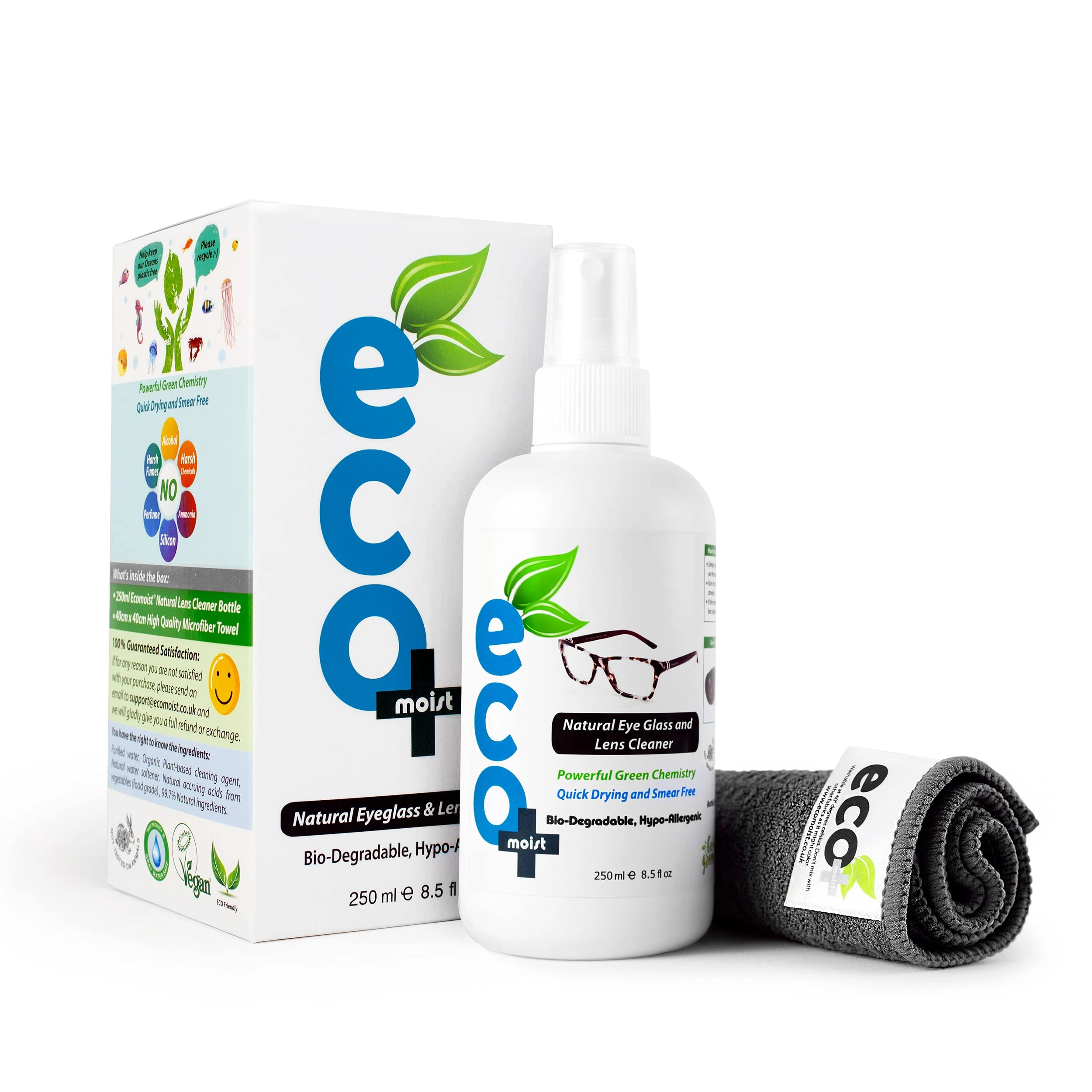 Ecomoist Natural Lens Cleaner 250ml – Alcohol-Free Spray with Microfibre Cloth – Streak-Free, Anti-Static Cleaning for Glasses, Camera Lenses, Binoculars, and Screens