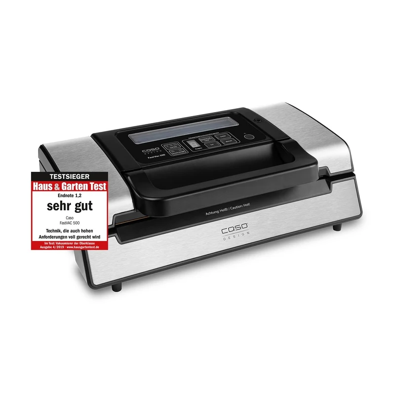CASO FastVac 500 commercial vacuum sealer - stainless steel vacuum sealer for professional use - double piston pump 20 litres/min., double weld, incl. 2 free film rolls, 220-240 V, 50 Hz, 130 W