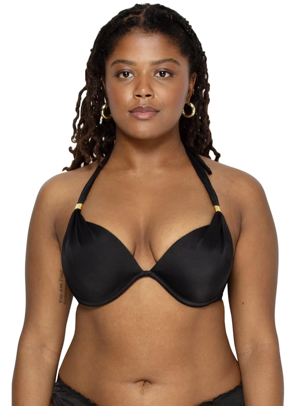 Smart & Sexy Women's Swim Secret Mega Push-up Halter Bikini Top, Black Hue, 32A