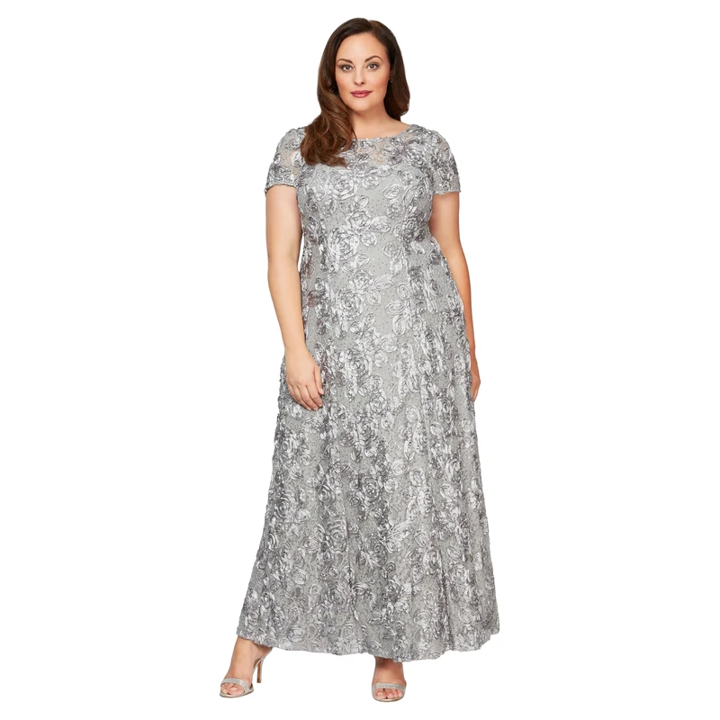 Alex Evenings Women's Long Rosette Mother of The Bride Dress with Short Sleeves, Formal Gown, Wedding Guest (Plus Size) Special Occasion, Dove, 22