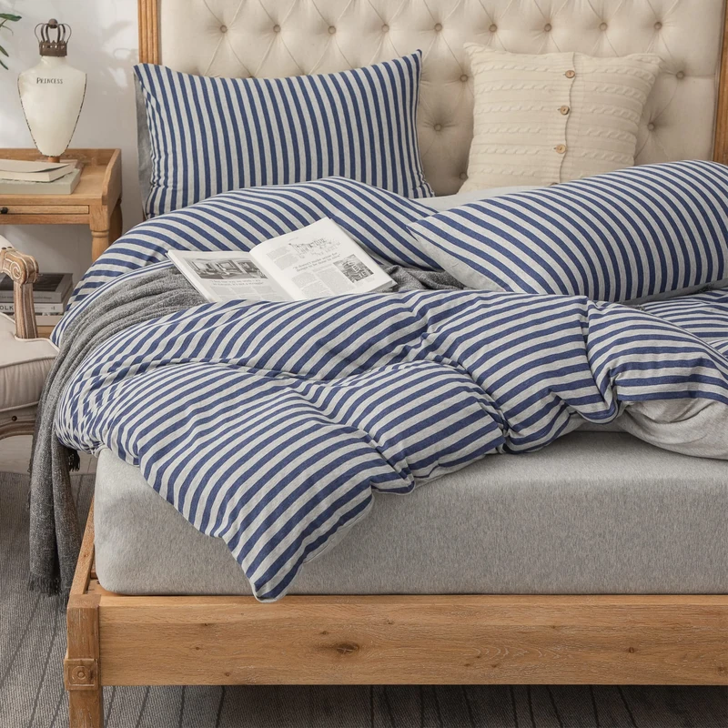 PURE ERA Jersey Knit Duvet Cover Set 100% T-Shirt Heather Cotton Super Soft Comfy Classic Striped Design, with Zipper Closure, Heather Grey Blue Stripe, Queen