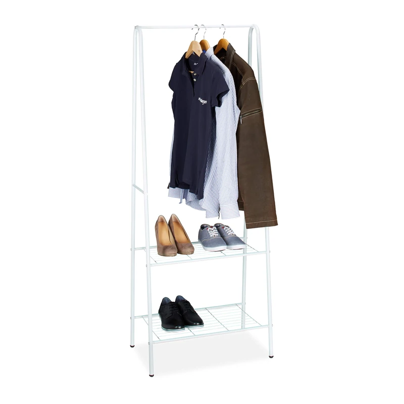 Relaxdays Coat Rack with Shoe Storage SANDRA, Metal, Wide, Clothes Rail, 2 Shelves, HxWxD: 160 x 61.5 x 38 cm, White