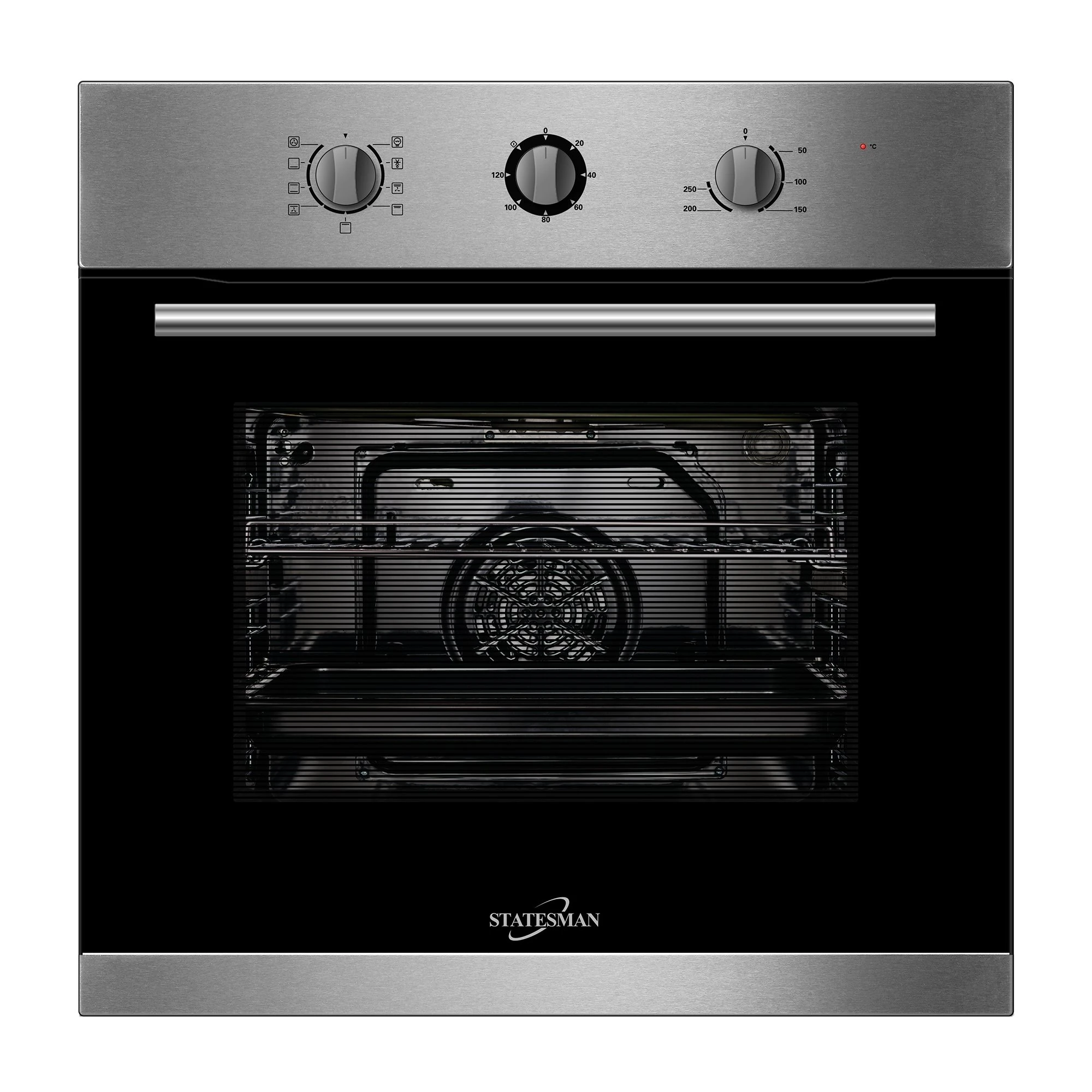 Statesman BSF60SS Built-In Single Cavity Fan Oven, 4 Cooking Functions, 2 Hour Timer, 65L, Stainless Steel