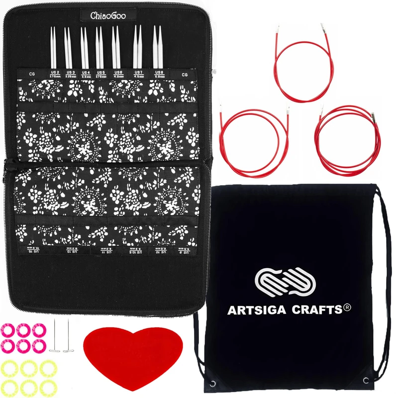 ChiaoGoo Knitting Needles Interchangeable Twist Red Lace Small 5-Inch Needle Set Bundle with 1 Artsiga Crafts Project Bag 7500-S
