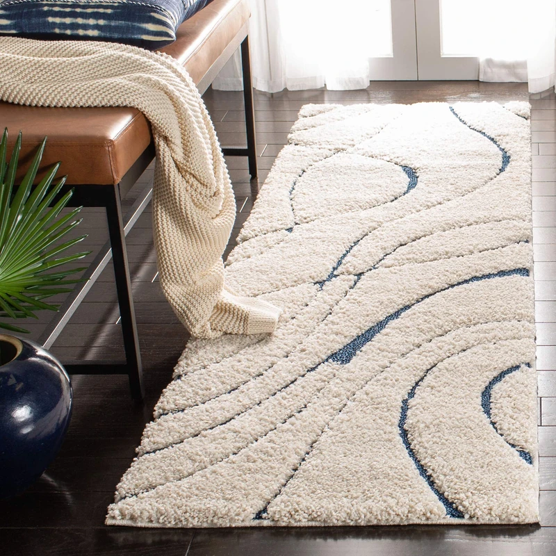 SAFAVIEH Shag Rug for Living Room, Dining Room, Bedroom - Florida Shag Collection, High Pile, in Cream and Blue, 69 X 213 cm