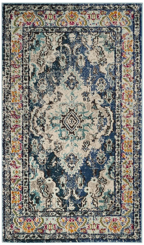Safavieh Boho Chic Indoor Woven Rectangle Area Rug, Monaco Collection, MNC243, in Navy / Light Blue, 91 X 152 cm for Living Room, Bedroom or Any Indoor Space