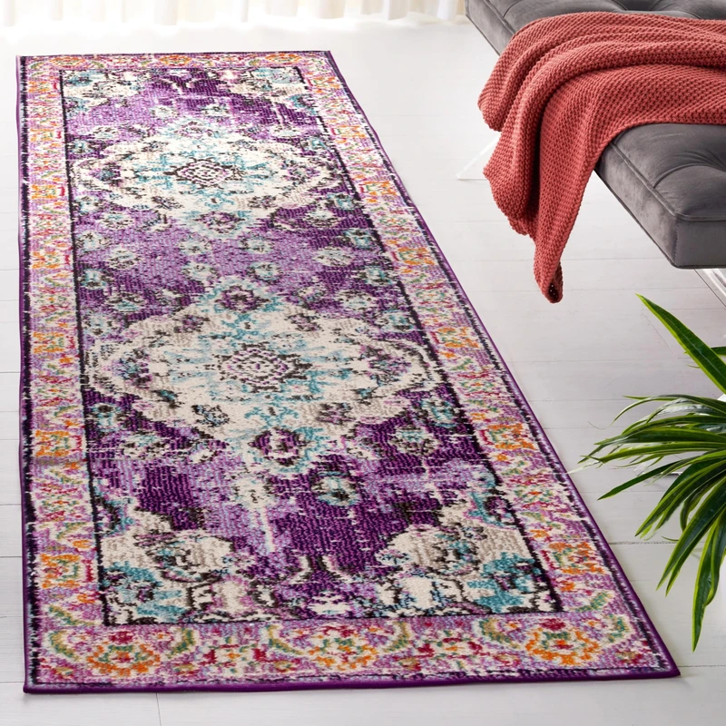 Safavieh Boho Chic Indoor Woven Runner Area Rug, Monaco Collection, MNC243, in Violet / Light Blue, 66 X 244 cm for Living Room, Bedroom or Any Indoor Space