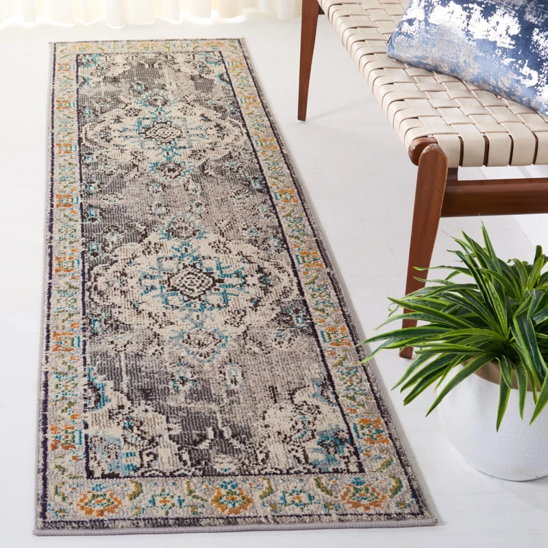 Safavieh Boho Chic Indoor Woven Runner Area Rug, Monaco Collection, MNC243, in Grey / Light Blue, 66 X 183 cm for Living Room, Bedroom or Any Indoor Space