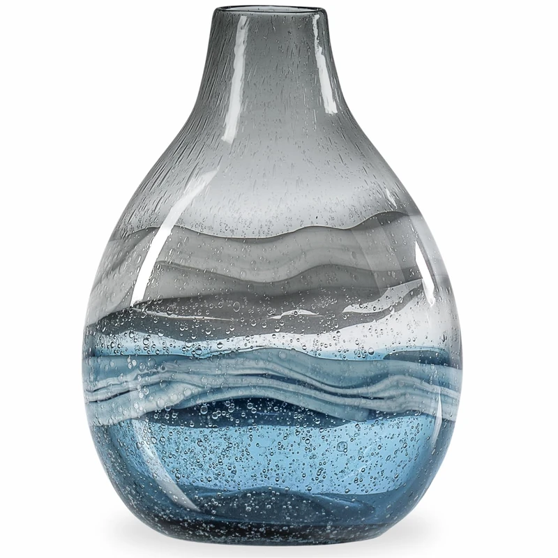 Torre & Tagus Andrea Mouth Blown Glass Vase for Home Decor - 11" Tall Large Blue Glass Vase for Centerpiece, Handmade Blue Vases for Decor in Coastal Living Room, Entryway, Bedroom