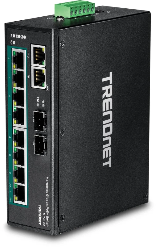 TRENDnet 10-Port Industrial Gigabit PoE+ DIN-Rail Switch, 8 x Gigabit PoE+ Ports, DIN-Rail Mount, 2 x SFP Slots, 240W PoE Power Budget, Network Switch, IP30, QoS, Black, TI-PG102