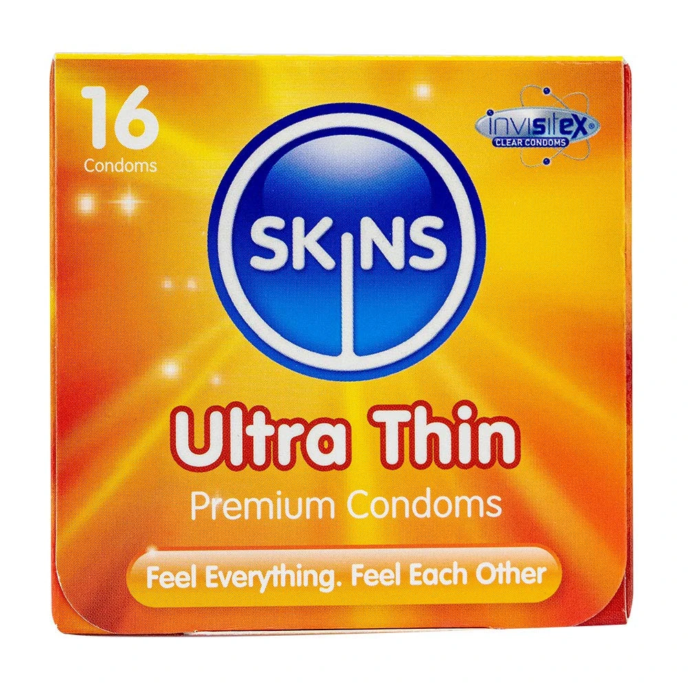 Skins Ultra Thin Premium Condoms – Ultra Thin for More Sensations, Natural Latex Without The Smell – Pack of 16