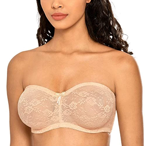 DOBREVA Women's Strapless Bras See Through Sheer Lace Non Padded Underwired Multiway Bra