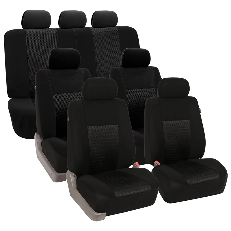 FH GROUP FH-FB060217 Three Row Trendy Elegance Car Seat Covers w. 7 Headrests, Airbag compatible and Split Bench, Solid Black color- Fit Most Car, Truck, Suv, or Van