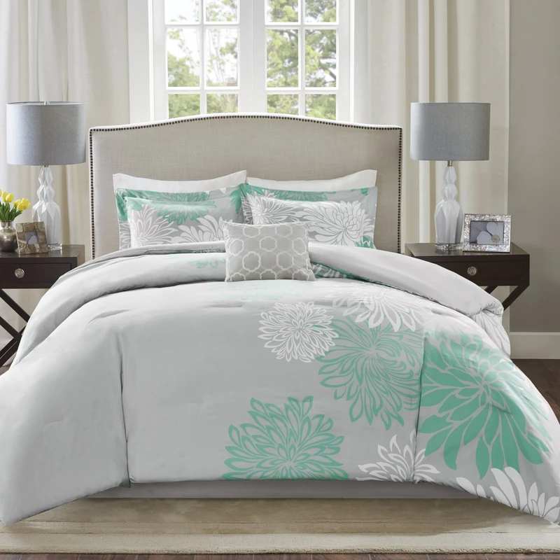 Comfort Spaces All Season Down Alternative Bedding, Matching Shams, Bedskirt, Decorative Pillows, fabric, Aqua, Queen(90"x90")