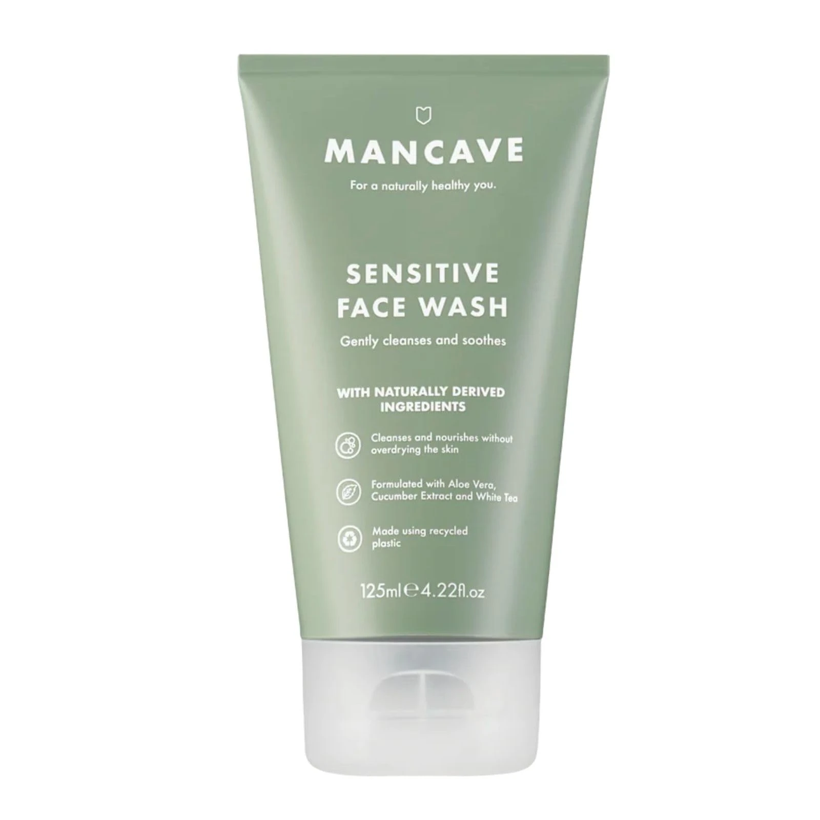 ManCave Sensitive Face Wash 125ml for Men, Clean and nourish Skin with Cucumber Extract, White Tea and Aloe Vera, Dermatologically Tested, Natural Formulation, Vegan Friendly