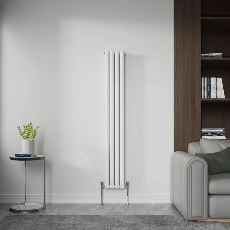 NRG Vertical Designer Double Panel Oval Column Radiator 1600x236mm Gloss White Tall Upright Bathroom Central Heating + Free Angled Valves