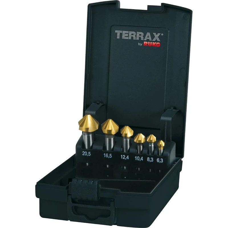 Terrax Set Svasatore Conico Forma C 90° HSS Tin In Cassetta Di Plastica, 6 pezzi