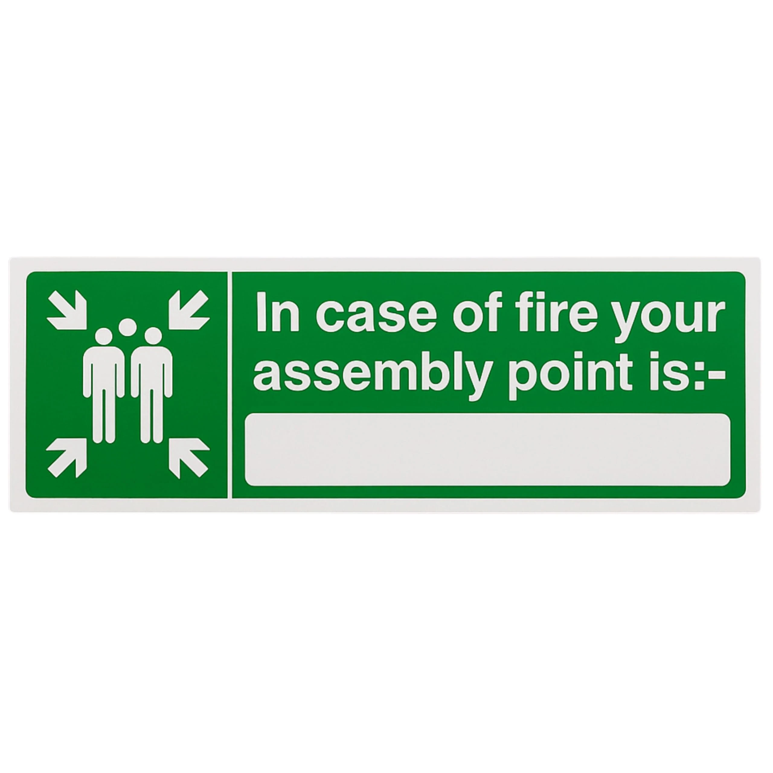 V Safety In Case Of Fire Your Assembly Point Is: Sign - 600mm x 200mm - Self Adhesive Vinyl