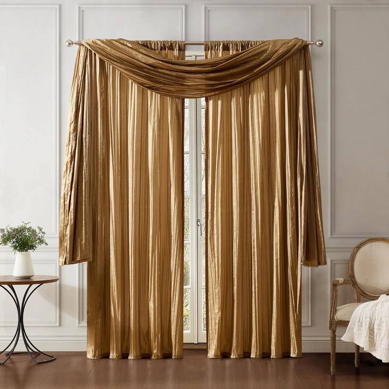 Elrene Home Fashions Athena Faux Crushed-Silk Window Curtain Panel and Valance Set, 52"x95" (2 Panels) & 1 Valance, Gold