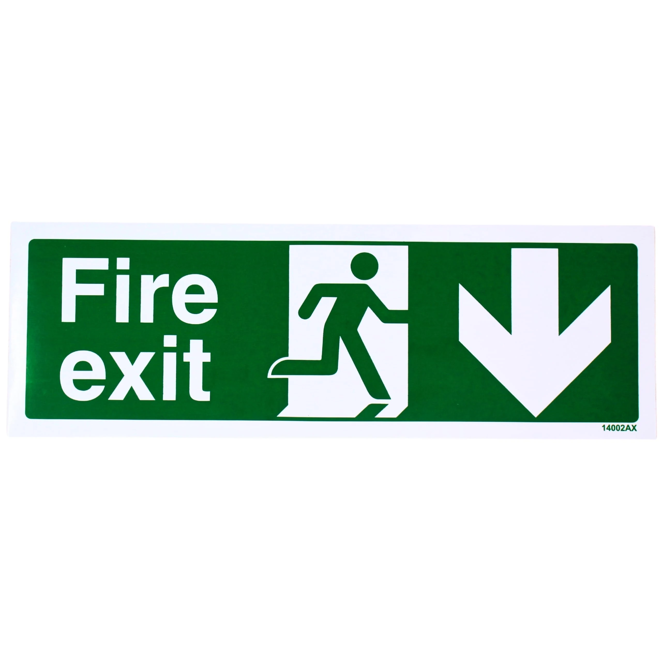 V Safety Fire Exit Arrow Down Sign – Self-Adhesive Vinyl Safety Sign, Landscape 300 × 100 mm – Green Emergency Exit Signage for Doors, Corridors & Stairwells – EN ISO 7010 Compliant