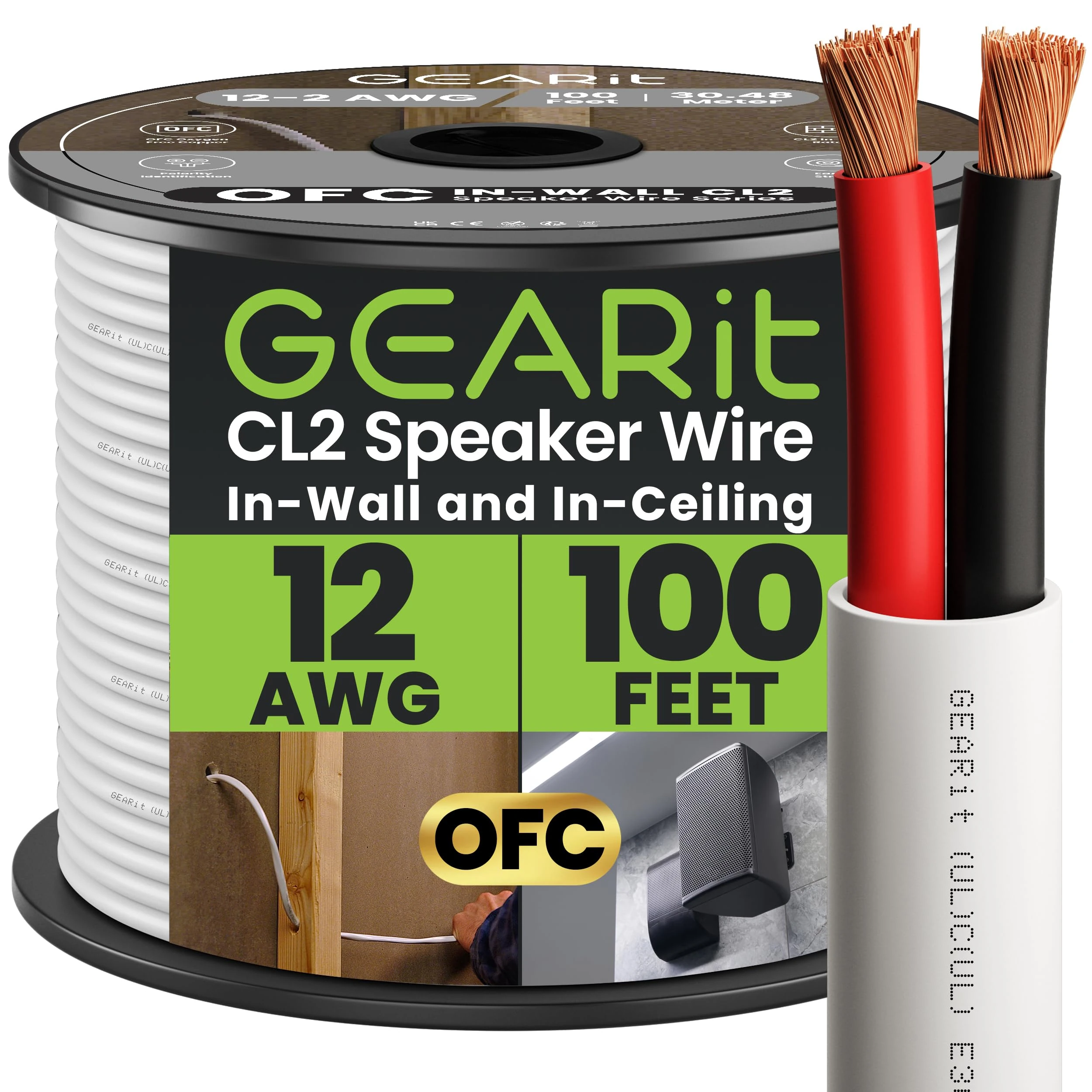 GearIT In-Wall Speaker Wire OFC 2x4mm≤ (30.48 Meters - White) Oxygen-Free Copper - Hi-Fi Audio Cable for In-Wall / CL2 Rated / 2-Conductors - 12 Gauge AWG, 100 Feet