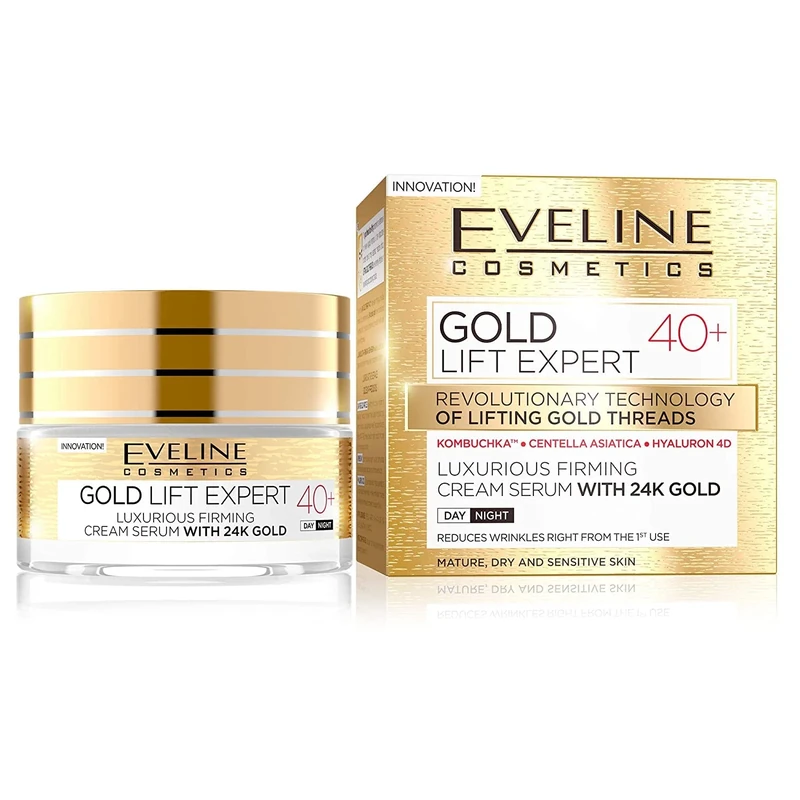 Eveline Cosmetics Gold Lift Expert Luxury Firming Face Cream-Serum with 24k Gold for Age 40+ | Lifting and Anti-Aging Formula with Centella Asiatica, Kombucha & Macadamia Oil | 50ml