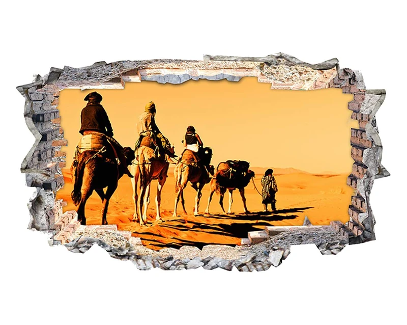 N264 Camel Caravan Desert Morocco Smashed Wall Decal 3D Art Stickers Vinyl RoomKids Bedroom Baby Nursery Cool Livingroom Hall Boys Girls (HUGE (100x175cm))