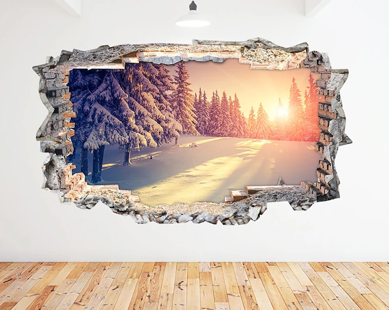 N391 Snowy Trees Snow Sunny Winter Smashed Wall Decal 3D Art Stickers Vinyl RoomKids Bedroom Baby Nursery Cool Livingroom Hall Boys Girls (HUGE (100x175cm))