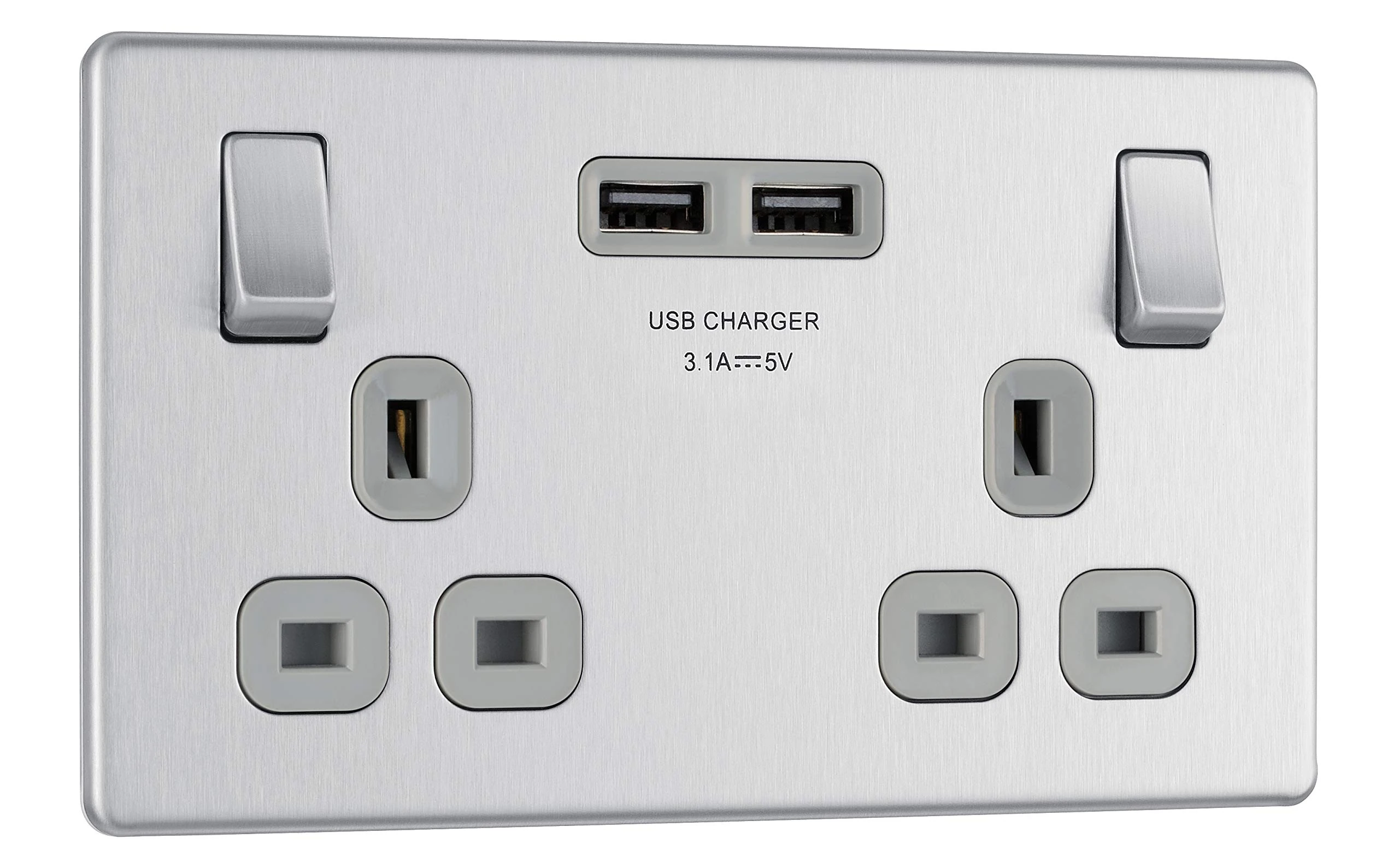 BG Electrical Screwless Flat Plate Double Switched Power Socket with Two USB Charging Ports