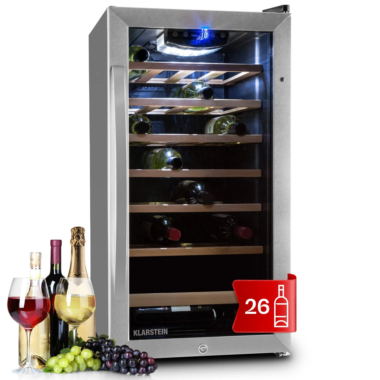 KLARSTEIN Vivo Vino 26 Wine Fridge Cellar, 26 Bottles, 88 Litre Capacity, LED Lighting, Touch Temperature Control, Glass Door, Stainless Steel