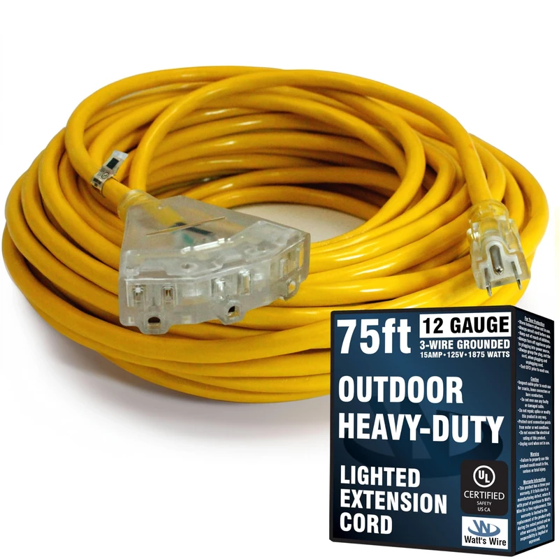 75 ft Outdoor Extension Cord Waterproof - 12 Gauge Heavy Duty Extension Cord 75 ft - Lighted Outdoor Extension Cords with Multiple Outlets - Watts Wire - 75' Grounded - extensiones electricas