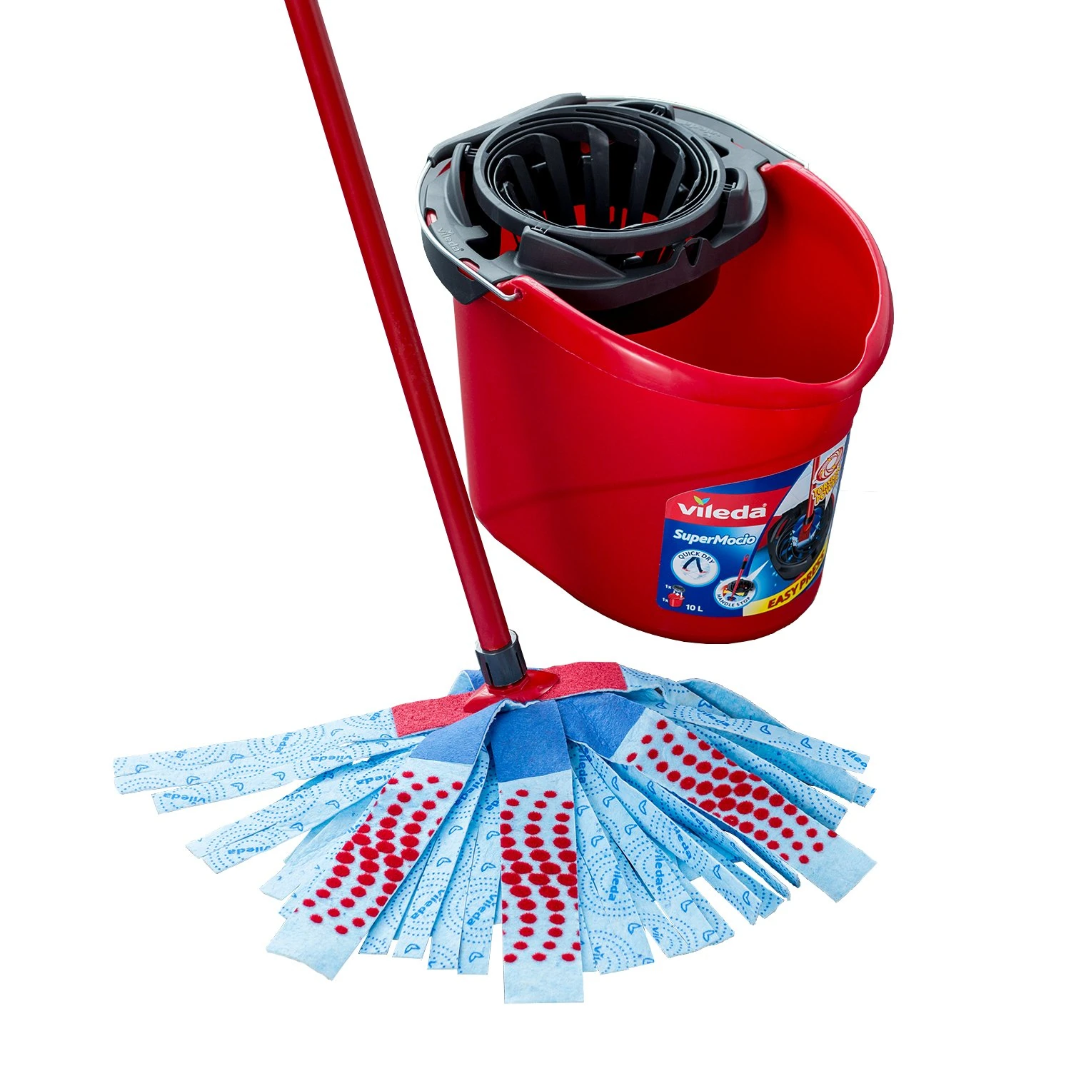 Vileda SuperMocio 3Action Mop and Bucket Set, Mop for Cleaning Floors, Set of 1x Mop and 1x Bucket, Red/Grey/Blue