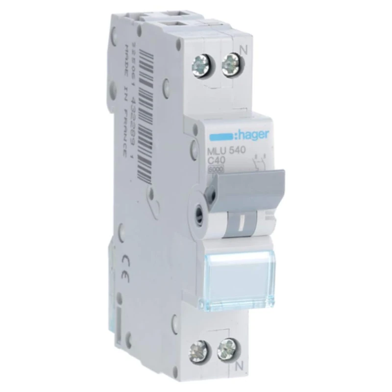 Hager ml Series - Automatic Magnetic Thermal -ml Curve-c 6ka 1 Pole + Neutral 40a